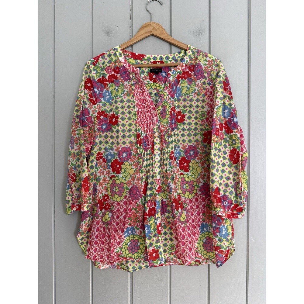 Talbots Blouse L Large Cotton Voile Button Front Collarless V-Neck Floral Pink